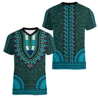 African Dashiki Women V Neck T Shirt With Tapa Pattern - Teal LT9 - Polynesian Pride