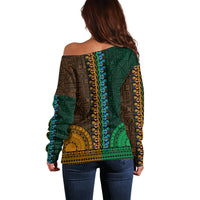 African Dashiki Off Shoulder Sweater With Tapa Pattern - Half Green and Gold LT9 - Polynesian Pride