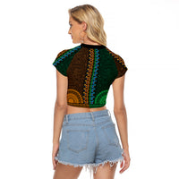 African Dashiki Raglan Cropped T Shirt With Tapa Pattern - Half Green and Gold LT9 - Polynesian Pride