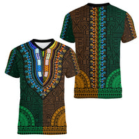 African Dashiki Women V Neck T Shirt With Tapa Pattern - Half Green and Gold LT9 - Polynesian Pride