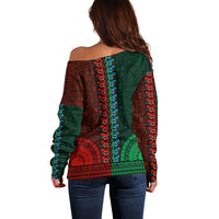 African Dashiki Off Shoulder Sweater With Tapa Pattern - Half Green and Red LT9 - Polynesian Pride