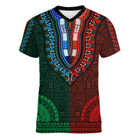 African Dashiki Women V Neck T Shirt With Tapa Pattern - Half Green and Red LT9 Female Green and Red - Polynesian Pride