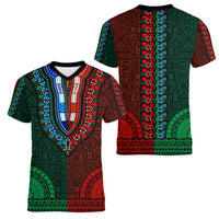 African Dashiki Women V Neck T Shirt With Tapa Pattern - Half Green and Red LT9 - Polynesian Pride