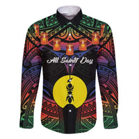 Personalised New Caledonia All Saints Day Family Matching Off The Shoulder Long Sleeve Dress and Hawaiian Shirt Candle Light with Polynesian Style LT9 Dad's Shirt - Long Sleeve Black - Polynesian Pride