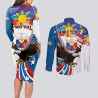 Personalized Filipino-American Couples Matching Long Sleeve Bodycon Dress and Long Sleeve Button Shirt The Eight-Rayed Sun with Bald Eagle