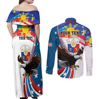 Personalized Filipino-American Couples Matching Off Shoulder Maxi Dress and Long Sleeve Button Shirt The Eight-Rayed Sun with Bald Eagle