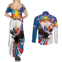 Personalized Filipino-American Couples Matching Summer Maxi Dress and Long Sleeve Button Shirt The Eight-Rayed Sun with Bald Eagle