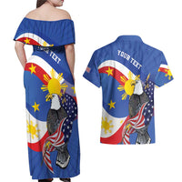 Personalized Filipino-American Couples Matching Off Shoulder Maxi Dress and Hawaiian Shirt Philippines Coat Of Arms with Bald Eagle