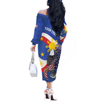 Personalized Filipino-American Off The Shoulder Long Sleeve Dress Philippines Coat Of Arms with Bald Eagle LT9 - Polynesian Pride