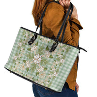 Squares Maile Leaf Leather Tote Bag Turquoise Palaka Hawaiian Quilt Pattern - Polynesian Pride