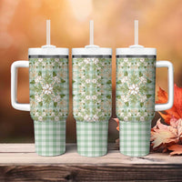 Squares Maile Leaf Tumbler With Handle Turquoise Palaka Hawaiian Quilt Pattern - Polynesian Pride