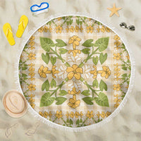 Squares Puakenikeni and Kalo Beach Blanket Beige Palaka Hawaiian Quilt Pattern - Polynesian Pride