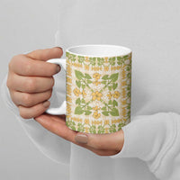 Squares Puakenikeni and Kalo Ceramic Mug Beige Palaka Hawaiian Quilt Pattern - Polynesian Pride