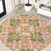 Squares Puakenikeni and Kalo Round Carpet Pink Palaka Hawaiian Quilt Pattern - Polynesian Pride