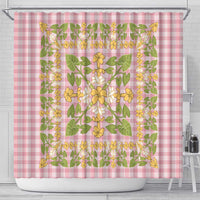 Squares Puakenikeni and Kalo Shower Curtain Pink Palaka Hawaiian Quilt Pattern - Polynesian Pride