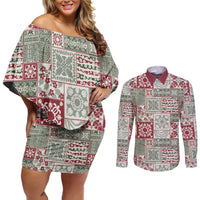 Mele Kalikimaka Hawaii Christmas Couples Matching Off Shoulder Short Dress and Long Sleeve Button Shirt Aloha Spirit with Hawaiian Quilt Pattern - Polynesian Pride