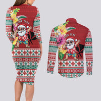 Santa Surf Mele Kalikimaka Personalized Couples Matching Long Sleeve Bodycon Dress and Long Sleeve Button Shirt Aloha Tropical Christmas Vibes - Polynesian Pride