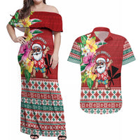 Santa Surf Mele Kalikimaka Personalized Couples Matching Off Shoulder Maxi Dress and Hawaiian Shirt Aloha Tropical Christmas Vibes - Polynesian Pride