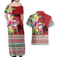 Santa Surf Mele Kalikimaka Personalized Couples Matching Off Shoulder Maxi Dress and Hawaiian Shirt Aloha Tropical Christmas Vibes - Polynesian Pride