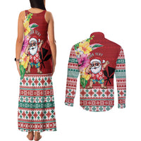 Santa Surf Mele Kalikimaka Personalized Couples Matching Tank Maxi Dress and Long Sleeve Button Shirt Aloha Tropical Christmas Vibes - Polynesian Pride