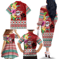 Santa Surf Mele Kalikimaka Personalized Family Matching Off The Shoulder Long Sleeve Dress and Hawaiian Shirt Aloha Tropical Christmas Vibes - Polynesian Pride