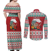 Shaka Sign Skull Mele Kalikimaka Personalized Couples Matching Off Shoulder Maxi Dress and Long Sleeve Button Shirt Hawaiian Quilt Pattern - Polynesian Pride