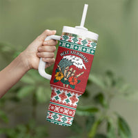 Shaka Sign Skull Mele Kalikimaka Personalized Tumbler With Handle Hawaiian Quilt Pattern - Polynesian Pride