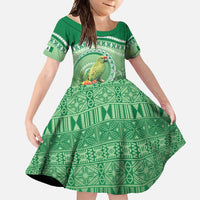 Norfolk Parakeet Tropical Family Matching Short Sleeve Bodycon Dress and Hawaiian Shirt Norfolk Island Tribal Pattern LT9 Daughter's Dress Green - Polynesian Pride