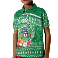 Norfolk Island Pine Tree Christmas Kid Polo Shirt Coat of Arm and Polynesian Pattern LT9 Kid Green - Polynesian Pride