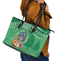 Norfolk Island Pine Tree Christmas Leather Tote Bag Coat of Arm and Polynesian Pattern