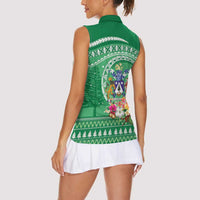 Norfolk Island Pine Tree Christmas Women Sleeveless Polo Shirt Coat of Arm and Polynesian Pattern