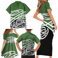 Green Fern New Zealand Kowhai Ngutukak Family Matching Short Sleeve Bodycon Dress and Hawaiian Shirt - Polynesian Pride
