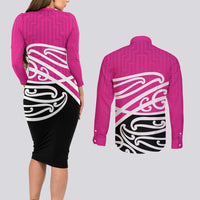 All Pink New Zealand Kowhai Ngutukak Couples Matching Long Sleeve Bodycon Dress and Long Sleeve Button Shirt - Polynesian Pride