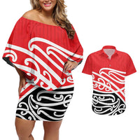 All Red New Zealand Kowhai Ngutukak Couples Matching Off Shoulder Short Dress and Hawaiian Shirt - Polynesian Pride
