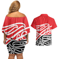All Red New Zealand Kowhai Ngutukak Couples Matching Off Shoulder Short Dress and Hawaiian Shirt - Polynesian Pride