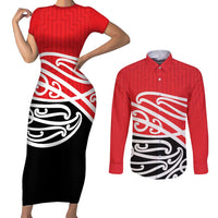 All Red New Zealand Kowhai Ngutukak Couples Matching Short Sleeve Bodycon Dress and Long Sleeve Button Shirt - Polynesian Pride