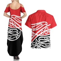 All Red New Zealand Kowhai Ngutukak Couples Matching Summer Maxi Dress and Hawaiian Shirt - Polynesian Pride