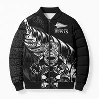 New Zealand Lawn Bowls Custom Bomber Puffer Jacket Black Maori Warrior Tribal Silver Fern - Polynesian Pride