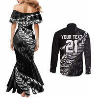 New Zealand Lawn Bowls Custom Couples Matching Mermaid Dress and Long Sleeve Button Shirt Black Maori Warrior Tribal Silver Fern - Polynesian Pride