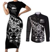 New Zealand Lawn Bowls Custom Couples Matching Short Sleeve Bodycon Dress and Long Sleeve Button Shirt Black Maori Warrior Tribal Silver Fern - Polynesian Pride