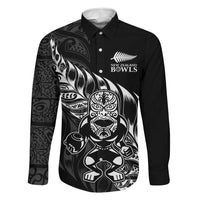 New Zealand Lawn Bowls Custom Family Matching Off The Shoulder Long Sleeve Dress and Hawaiian Shirt Black Maori Warrior Tribal Silver Fern LT9 Dad's Shirt - Long Sleeve Black - Polynesian Pride
