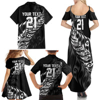 New Zealand Lawn Bowls Custom Family Matching Summer Maxi Dress and Hawaiian Shirt Black Maori Warrior Tribal Silver Fern - Polynesian Pride