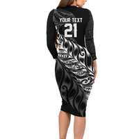 New Zealand Lawn Bowls Custom Long Sleeve Bodycon Dress Black Maori Warrior Tribal Silver Fern - Polynesian Pride
