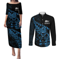 New Zealand Lawn Bowls Custom Couples Matching Puletasi and Long Sleeve Button Shirt Blue Maori Warrior Tribal Silver Fern - Polynesian Pride