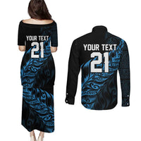 New Zealand Lawn Bowls Custom Couples Matching Puletasi and Long Sleeve Button Shirt Blue Maori Warrior Tribal Silver Fern - Polynesian Pride