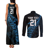 New Zealand Lawn Bowls Custom Couples Matching Tank Maxi Dress and Long Sleeve Button Shirt Blue Maori Warrior Tribal Silver Fern - Polynesian Pride