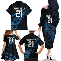 New Zealand Lawn Bowls Custom Family Matching Off The Shoulder Long Sleeve Dress and Hawaiian Shirt Blue Maori Warrior Tribal Silver Fern - Polynesian Pride
