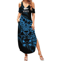New Zealand Lawn Bowls Custom Family Matching Summer Maxi Dress and Hawaiian Shirt Blue Maori Warrior Tribal Silver Fern - Polynesian Pride