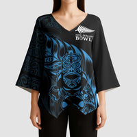 New Zealand Lawn Bowls Custom Kimono Sleeve Blouse Blue Maori Warrior Tribal Silver Fern - Polynesian Pride