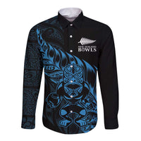 New Zealand Lawn Bowls Custom Long Sleeve Button Shirt Blue Maori Warrior Tribal Silver Fern - Polynesian Pride